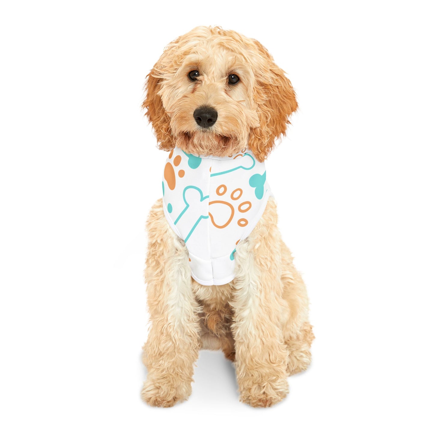 Pet Hoodie - Playful Bones & Paws Pattern Dog Hoodie (Aqua & Orange)