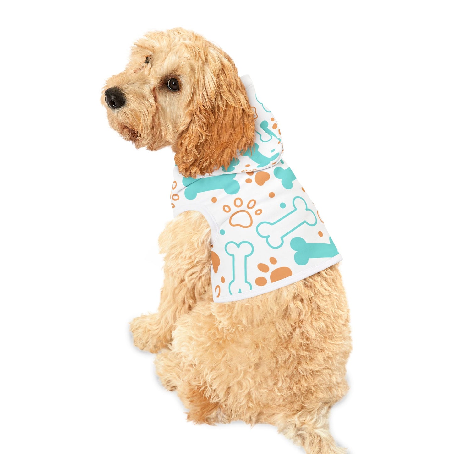 Pet Hoodie - Playful Bones & Paws Pattern Dog Hoodie (Aqua & Orange)