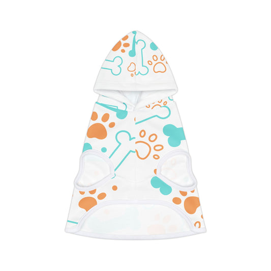 Pet Hoodie - Playful Bones & Paws Pattern Dog Hoodie (Aqua & Orange)
